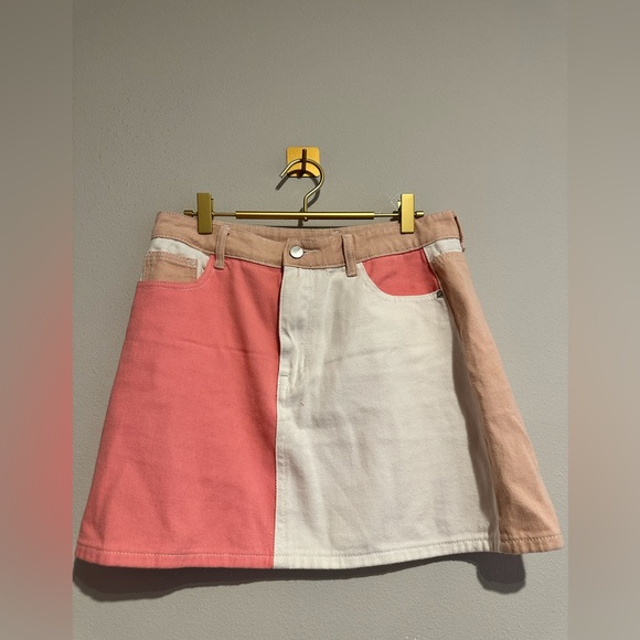 Dresses & Skirts - Colorblock A-Line Denim Mini Skirt - Pink and Beige Size L